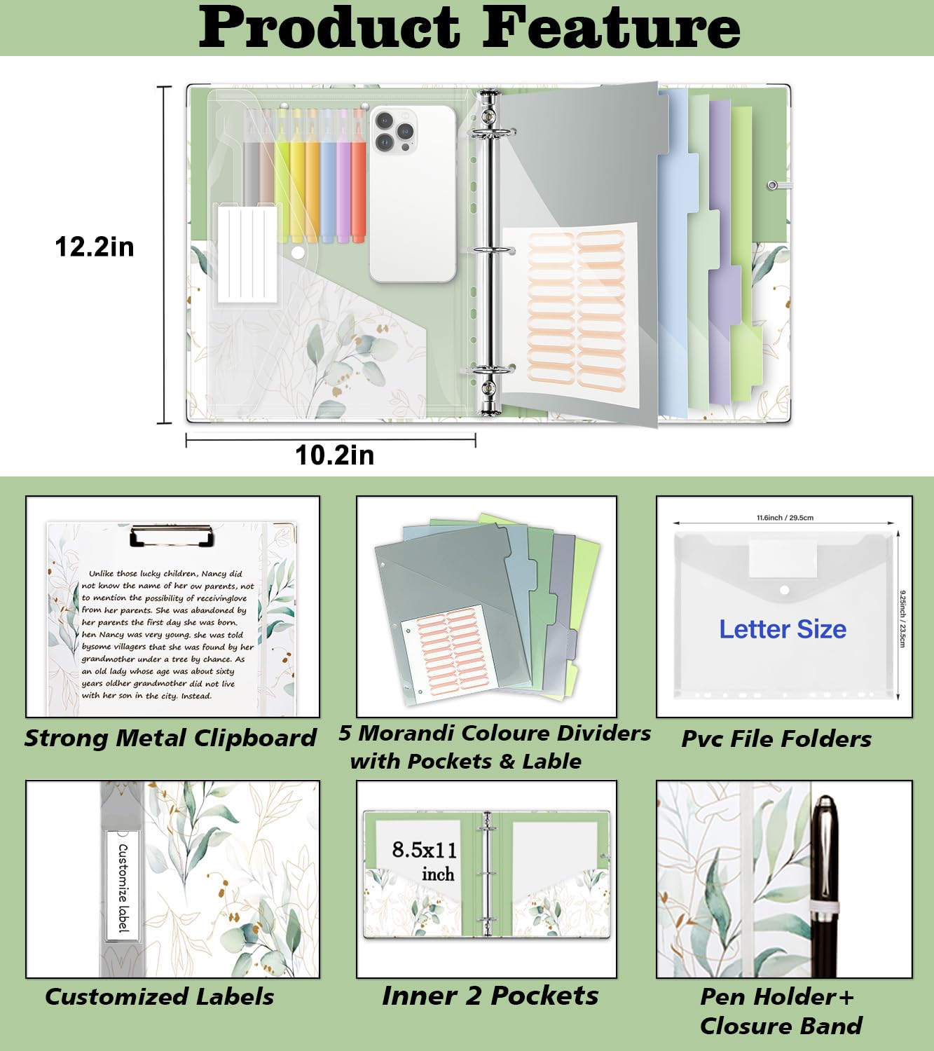 3 Ring 1 Inch Binder Organizer, KLLVE Three Ring Binders with Clipboard, 5 Pocket Divider with tabs, Folder, 18 Divider Stikers, Pen Loop (Leaves, Letter Size)