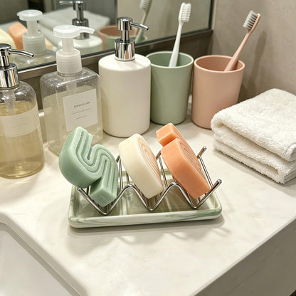 Lofekea Soap Dish, Stainless Steel Self Draining Shower Bar Soap Holder with Ceramic Dish Tray, W Style Soap Saver for Bathroom, Sink, Kitchen and Countertop(Green Texture)