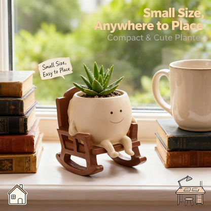 FURUBETA 4 Inch Rocking Chair Smiley Face Planter Pots with Drainage Hole, Resin Pot for Succulents, Cute Spring Indoor Outdoor Garden Decor, Unique for Plant Lovers