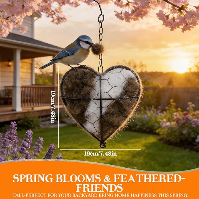 Handmade Fiber Bird Nesting Heart, Refillable,Birds Nests Material Holder, Winter Tree Shelter for Wild Bird,Outside Garden Art Birdhouse,Animal Hummingbirds Lovers Home