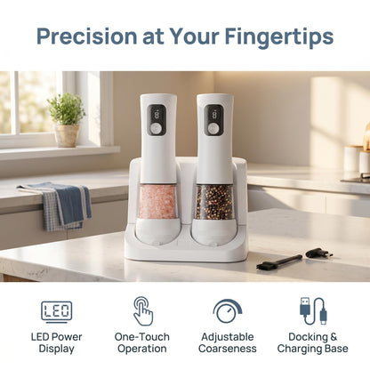 Electric Salt and Pepper Grinder Set, Rechargeable Automatic Pepper Mill with Base,Display, LED Lighting, Large Capacity-Ideal for Kitchen, BBQ Gifts (2, White(27C))