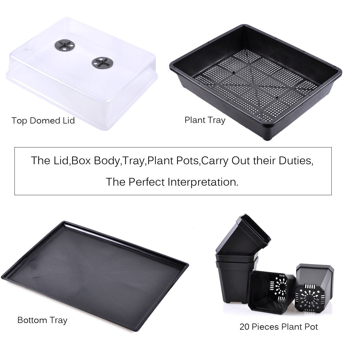 eZAKKA 37x30cm Seed Starter Tray Seed Seedling Starting Kit Plant Germination Kit Humidity Dome with 20 Pieces Square Seed Starter Pots (Black Pots)