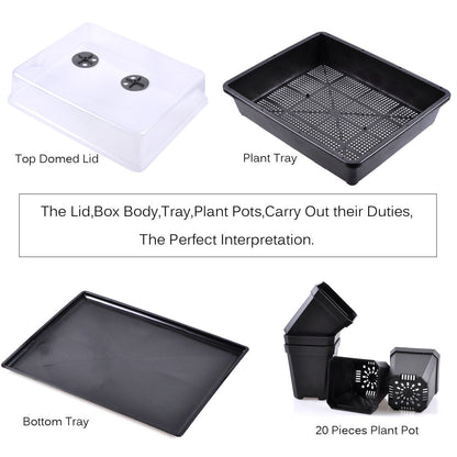 eZAKKA 37x30cm Seed Starter Tray Seed Seedling Starting Kit Plant Germination Kit Humidity Dome with 20 Pieces Square Seed Starter Pots (Black Pots)