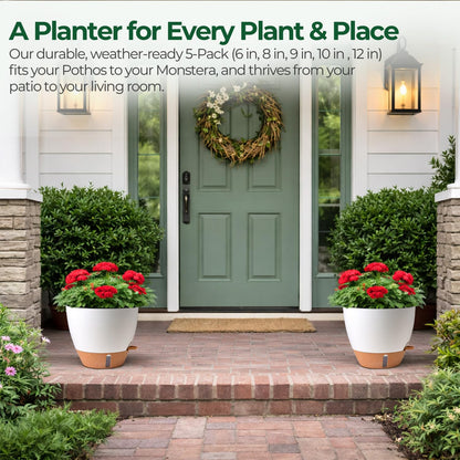 T4U 5 Pack Self Watering Pots (6"+8"+9"+10"+12") - Water Level Indicator & Deep Reservoir, Mess-Free Planters for Busy People, Beginners & Gardeners, Fit Most Plants, Indoor Outdoor Use (White)