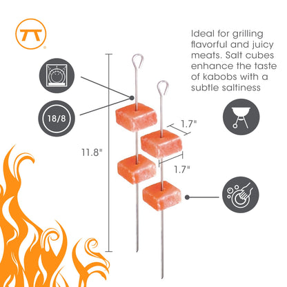 Outset Grill Skewers, Stainless Steel BBQ Skewers With Pink Himalayan Salt Cubes, 2 Skewers and 4 Cubes For Kabobs