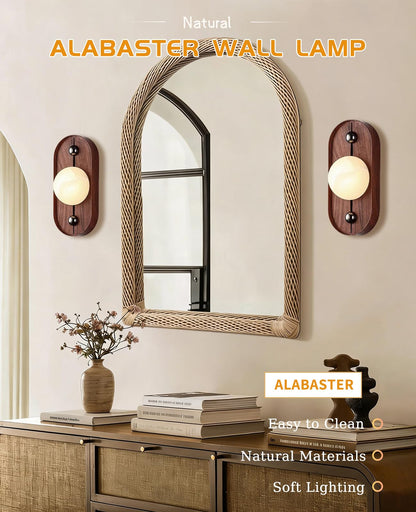 ALABABATA Natural Marble Wall Sconce, 10.5" High Alabaster Wall Sconces with White Stone Lampshade and Wood Grain Metal Base, Mid Century Modern Wall Lights Fixture for Bedroom Living Room Hallway