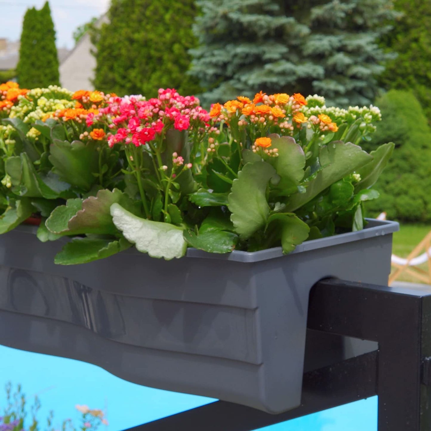 Ridge Rail Long Rectangular Flower Pot, Indoor/Outdoor Hanging Rail Planter Lightweight & Weatherproof Flower Box - Balcony Planters for Railing and Fence Patio, Deck 2 Pack (Grey)