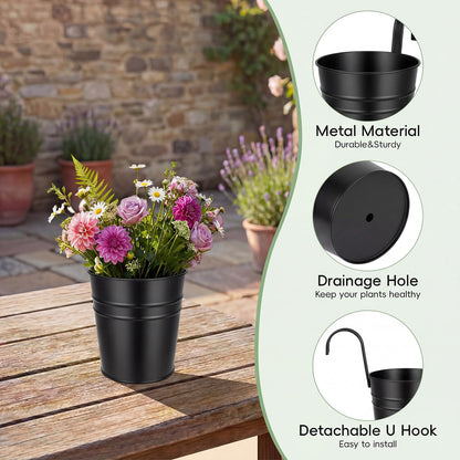 HowRU Hanging Flower Pots, Railing Planter Box for Outdoor Plants 12 Pack 5 Inch Metal Hanging Planters with Detachable Hooks Balcony Window Fence Garden Decoration Flower Boxes (Black)