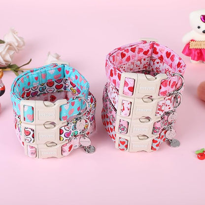 DOGWONG Valentine's Dog Collar - Pink Heart Adjustable Cotton Heart Dog Collar - Perfect for Small, Medium, Large Dogs