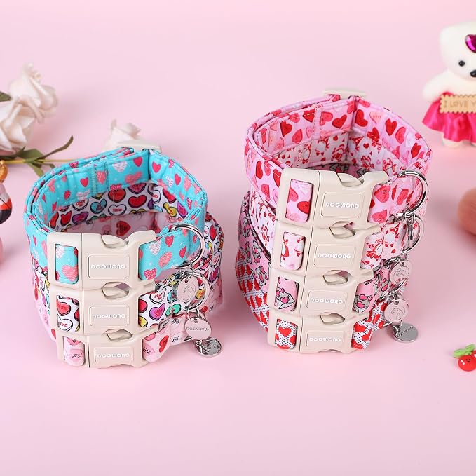 DOGWONG Valentine's Dog Collar - Blue Heart Adjustable Cotton Heart Dog Collar - Perfect for Small to Medium Dogs