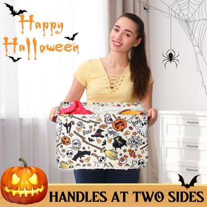 Seeloowy Halloween Ghost Basket with Handles Boo Pumpkin Bat Horror Storage Bin White Spooky Large Foldable Toy Laundry Storage for Halloween Room Car Decoration Bucket Laundry Box