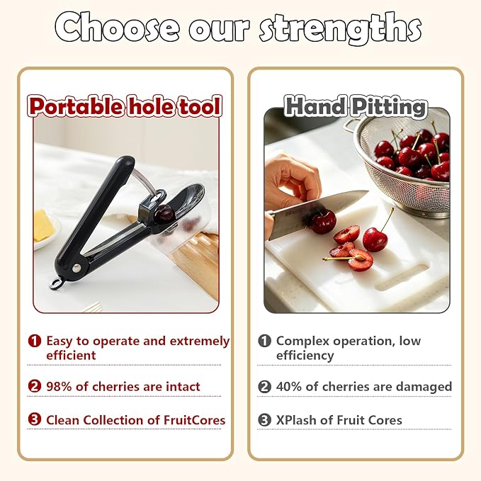Cherry Pitter Tool, Stainless Steel Cherry Pitter with Built-in Pit Catcher - Food Grade ABS & Steel Core Remover, Ergonomic Grip, Safety Lock, Dishwasher Safe