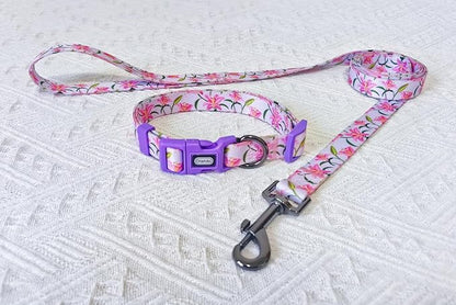 Dog Collar Leash Set, Floral Pattern, Polyester Material, Adjustable Collar and 5ft Matchcing Leash, for Large Dogs.(L, Purple Lily)