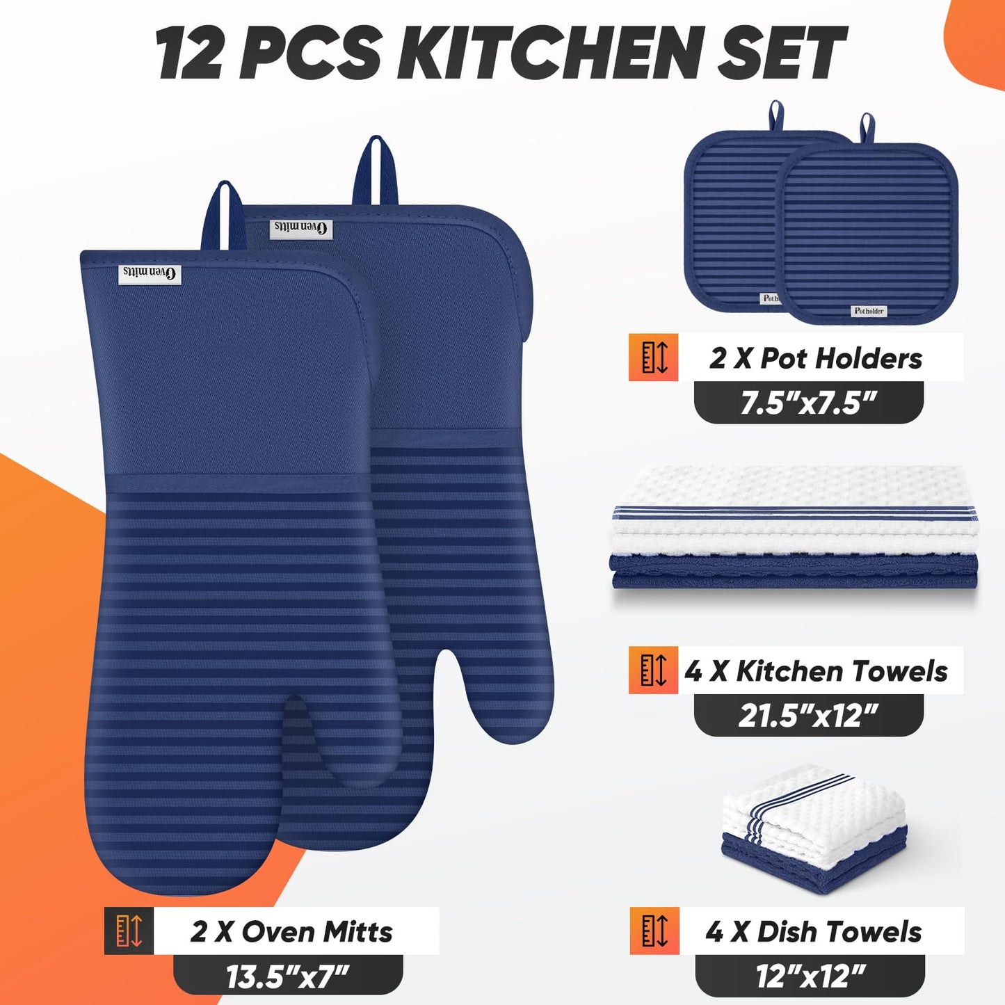 Oven Mitts Kitchen Towels and Dishcloths with Pot Holders Sets, Oven Gloves Hot Pads 500°F Heat Resistant with Silicone Grip, Include 2 Cooking Gloves/2 Potholders/4 Kitchen Towels/4 Dish Towels