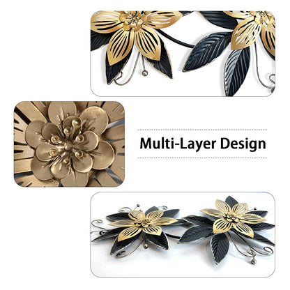 LIFFY Black Wall Decor,15" 3D Multi-layer Metal Flowers Wall Decor, Rustic Modern Floral Sculpture for Indoor Kitchen Bedroom Living Room Office Outdoor Garden Patio