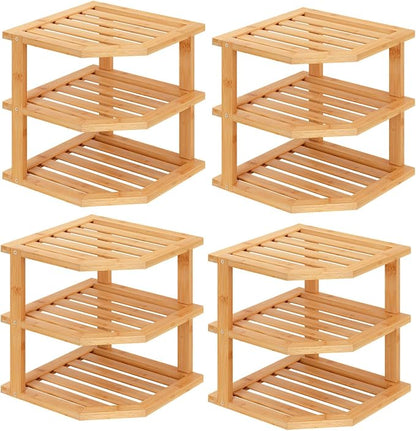 VERTORGAN 3 Tier Bamboo Corner Shelf(4 Pack),Dish Drying Rack,Plate Organizer,Kitchen Spice Rack for Countertop and Cabinet