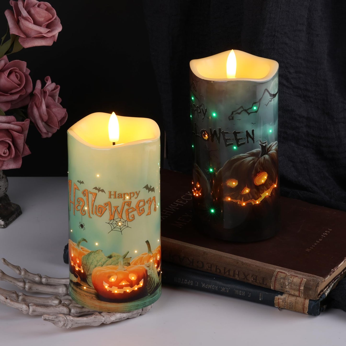 Eywamage Fiber Optic Halloween Flameless Candles, Spooky Pumpkin LED Pillar Candles with Remote, Battery Operated, Set of 2