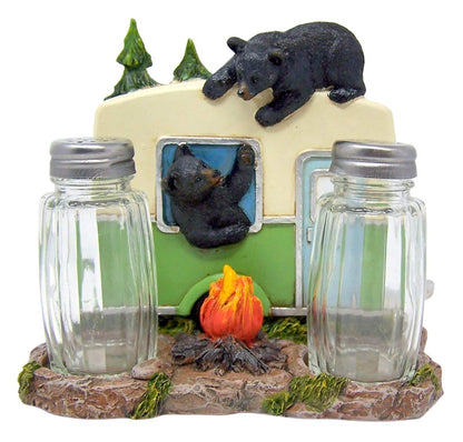 Rustic Kithcen Accessory- Black Bear in a Camper Salt and Pepper Shaker and Napkin Holder, 5 Inch (Shakers Included)