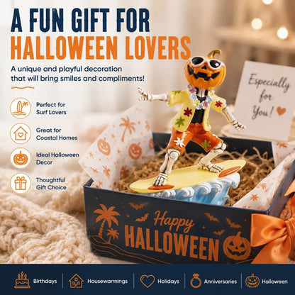 caiydramy Summerween Decorations for Home, 5.9" H Resin Surfing Pumpkin Skeleton Figurine, Spooky Summer Halloween Party Decorations, Tropical Hawaiian Beach Indoor Mantel Table Top Shelf Desk Decor
