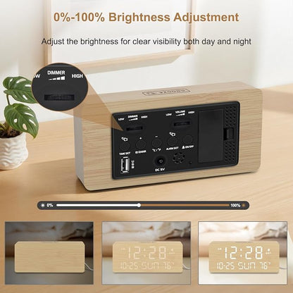 DreamSky Wooden Digital Alarm Clocks for Bedrooms with Date & Day of Week | Living Room Desk Clock, Temperature, USB Port, Dimmer Wheel, Adjustable Volume, Auto DST, Office Wood Decor (Plug-in)