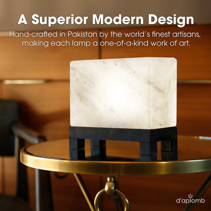 d'aplomb 100% Authentic Natural Himalayan Salt Lamp;Hand-Carved Modern Rectangle Rare White Crystal Rock Salt from The Himalayan Mountain; Footed Wood Base, Dimmer Cord; 11.5 lbs
