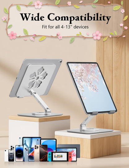 Axbima Rotating Tablet Stand for Desk-Aluminum Office Desk Accessories for Women Moms iPad Gifts Home Office Portable Monitor Stand for iPad, Compatible with iPad Pro, Air, Mini, Kindle 4–12.9",Silver
