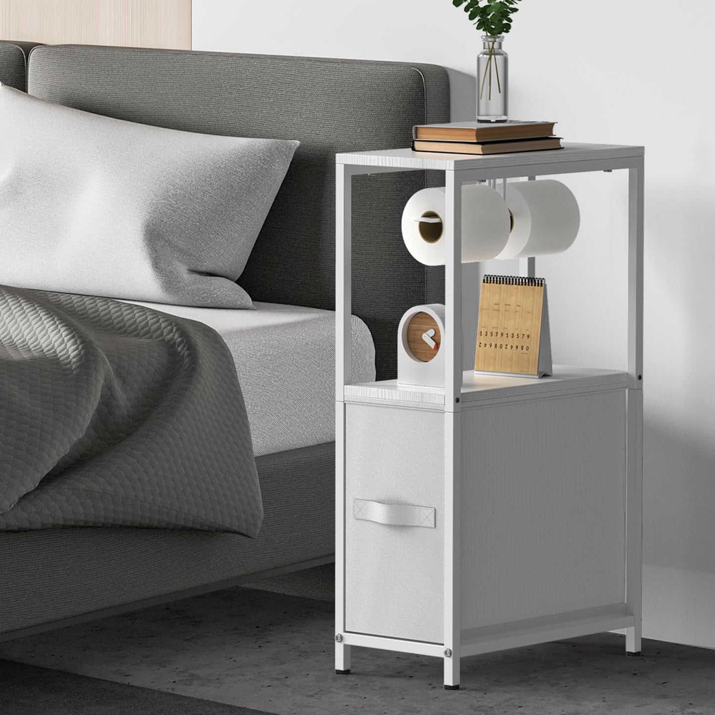 NOVIMANGO Slim Toilet Paper Storage Cabinet White, Toilet Paper Holder with Storage Bathroom Cabinet for Small Spaces Freestanding Tissue Stand with Drawer