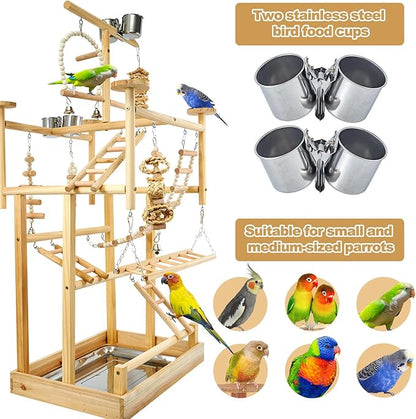 LIMIO Bird Playground - Natural Wood Parrot Playstand with Perches, Bird Play Gym & Accessories, Removable Tray & 4 Stainless Steel Cups