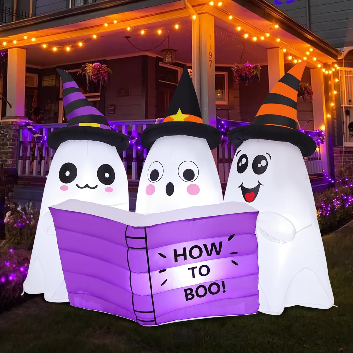 GOOSH 5.2FT Long Halloween Inflatables Ghost Outdoor Decoration Blow Up Yard Cute Ghosts Reading Book with Built-in LEDs for Indoor Party Garden Lawn Holiday Decor