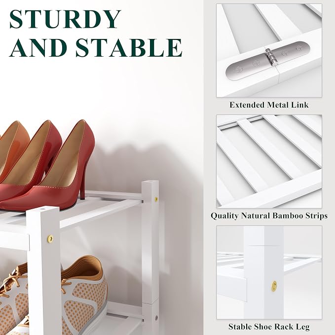 Smiry Bamboo Shoe Rack, 4 Tier Free Standing Wooden Shoe Organizer, Stackable Wood Shoe Storage Shelf for Closet, Entryway, 12 Vertical Slats, 2+2 Stack Standard Legs, 26.8"x11"x26", White