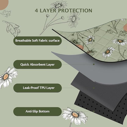 IEUUMLER Washable Pee Pads for Dogs, 1 Pack Non-Slip & Waterproof Pack Whelping Pad, Reusable Washable Puppy Potty Training Pad with Fast Absorbent for Playpen EU007 (Grass Green Daisy, 63"X63"-1pcs)