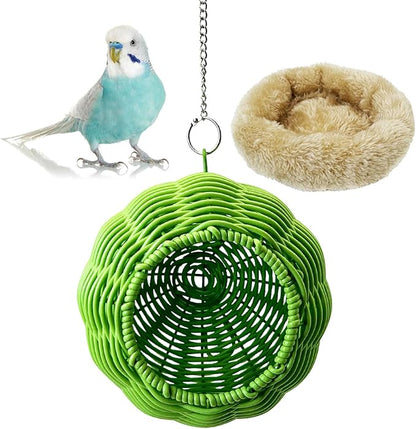 Rattan Birds Nest for Cage Hanging Parakeet House Chewproof Parrot Breeding Bed Small Budgies Hideout Swing Hut Bird Cage Accessories for Lovebirds Cockatiel Conure Finch Canary (Green)