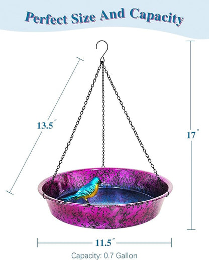 Hanging Bird Bath for Outside, 11.5” Metallic Purple & Blue Metal Birdbath Bowl & Feeder with Black Chain Outdoor Garden Yard Decor