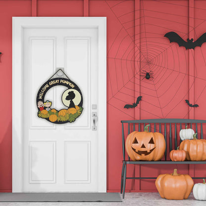 Peanuts Welcome Great Pumpkin Wreath Hanging Wood Wall Decor - Fun Peanuts Sign for Fall and Halloween Decorating