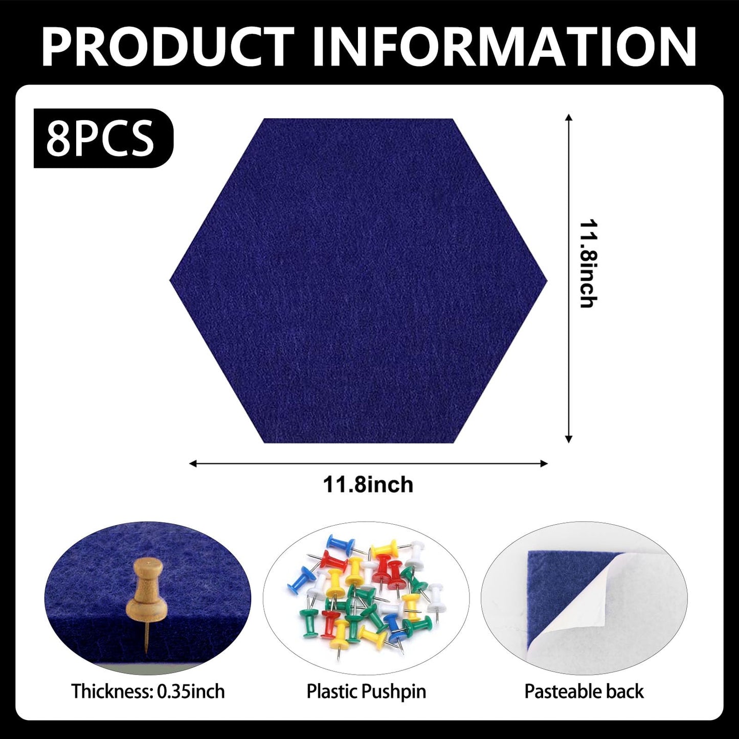 8 Packs Royal Blue Hexagon Felt Pin Board, 12" Bulletin Board with 30 Push Pins, Felt Board for Home Kitchen Office Decor, Self-Adhesive Corkboard Tiles for Walls Message Photos Memos Display