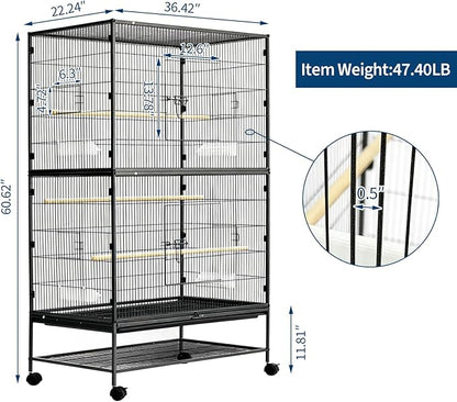 60" H Large Bird Cage, Rolling Bird Cage with Storage Stands, Feed Bowls, Wide Flight Parakeet Cage for Macaw, Parakeets, Conures, Cockatiel, Cockatoo