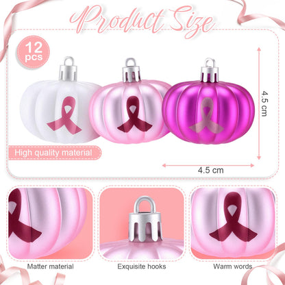 Vertintong 12 Pcs Christmas Hanging Ornaments for Tree 3D Pink Pumpkin Pendants Breast Cancer Awareness Sign Christmas Ornaments for Xmas Tree Party Decor (Flat Style)