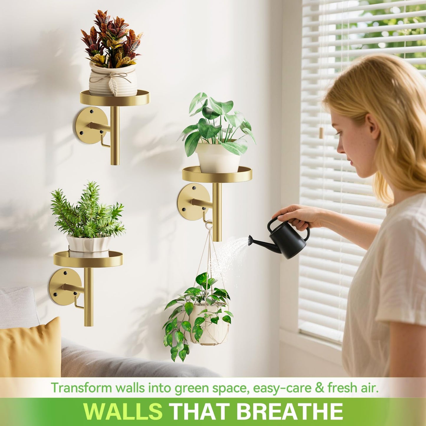 DELLAN Wall Plant Holder, 3 Pack Metal Wall Planters Stand Floating Shelves for Indoor Plants, Window Sill Plant Decor for Bedroom, Bathroom, Living Room, Home, Office, All Gold