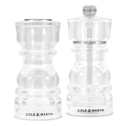 Cole & Mason London Acrylic Shaker Gift Set - Refillable Salt & Pepper Grinder with Adjustable Grinding Mechanism - Acrylic, 5" Salt & Pepper Gift Set