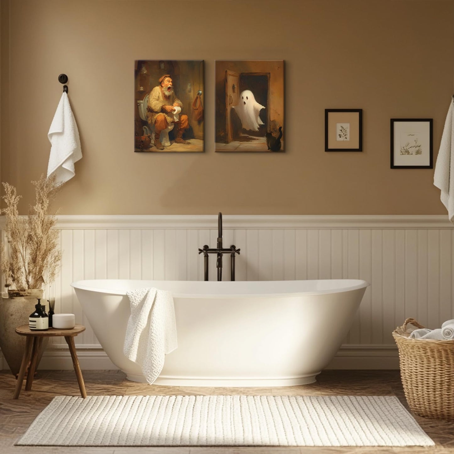 2Pcs Ghost in Bathroom Canvas Wall Art Retro Funny Bathroom Wall Decor Halloween Ghosts Posters Painting Retro Horror Creepy Dark Prints Halloween Pictures for Toilet Home Decoration(8x10in Canvas)
