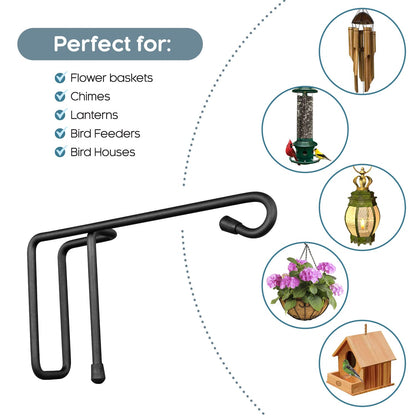 Vinazone Vinyl Fence Hooks for Hanging, Heavy Duty Patio Hangers, Outdoor Fence Hangers for Hanging Flower Baskets, Wind Chimes, Planters, Bird Feeders, Lights, Lanterns - 2 Pack - Black Color