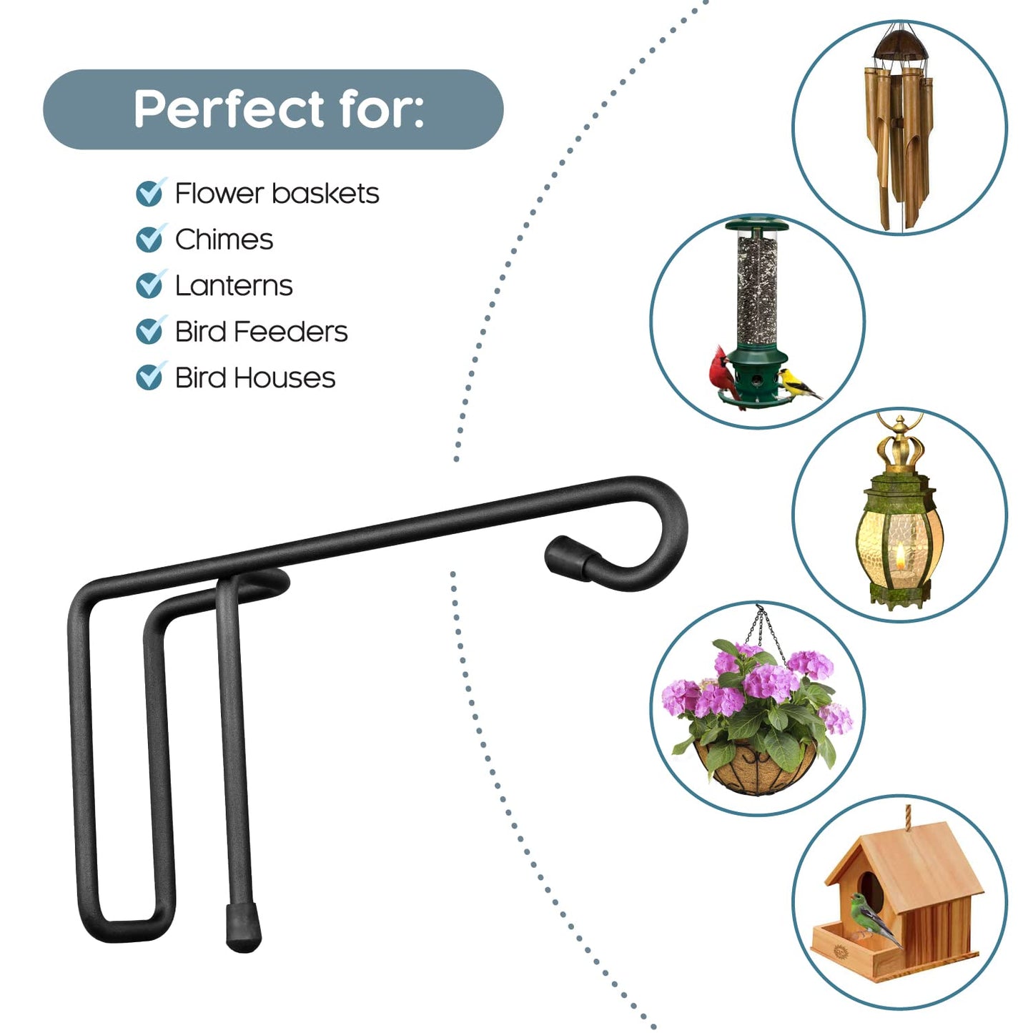 Vinazone Vinyl Fence Hooks for Hanging, Heavy Duty Patio Hangers, Outdoor Fence Hangers for Hanging Flower Baskets, Wind Chimes, Planters, Bird Feeders, Lights, Lanterns - 4 Pack - Black Color