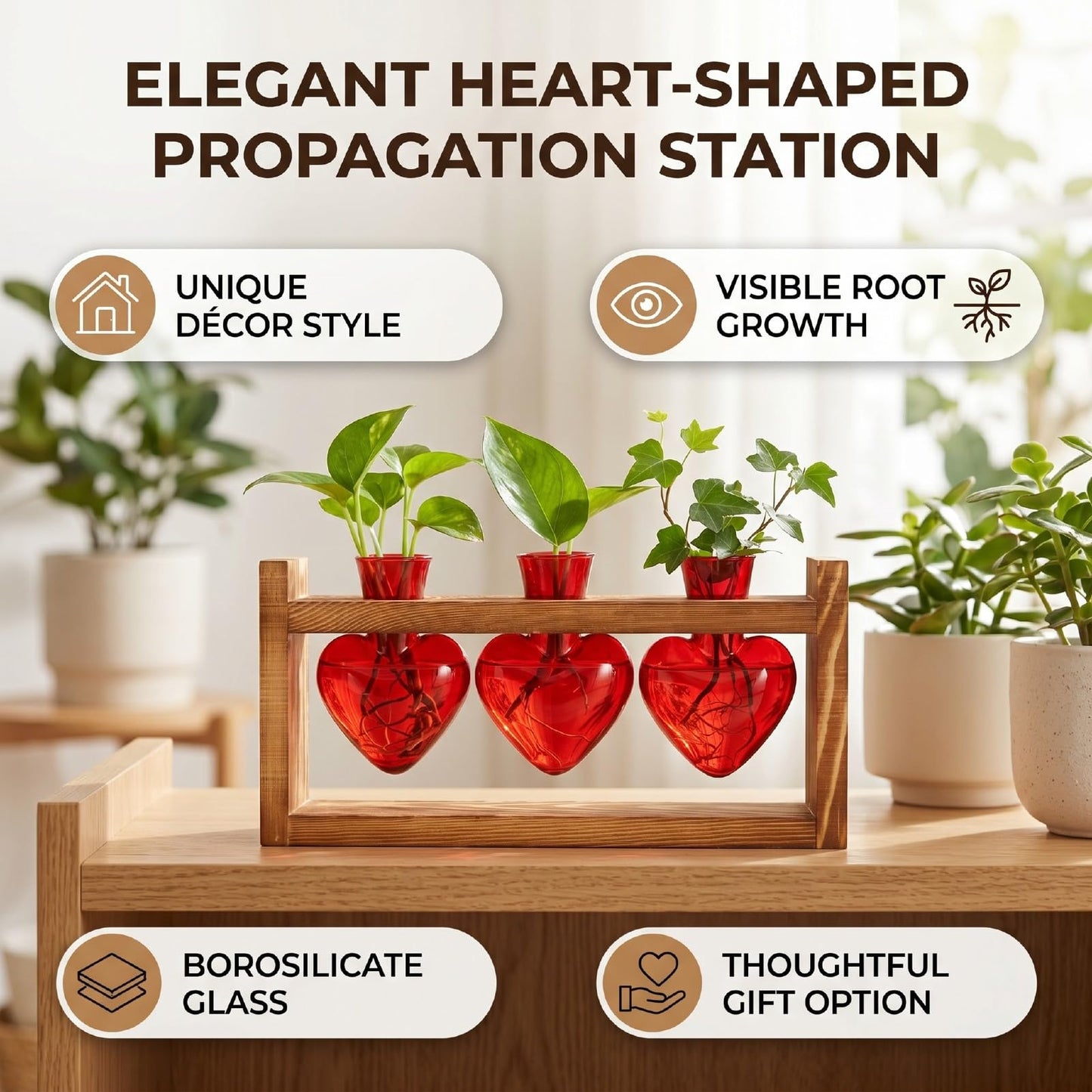 Generic Heart Shaped Propagation Station, 3 Glass Vases Plant Terrarium Kit with Wooden Stand for Hydroponic Plants Home Office Decor Present for Women