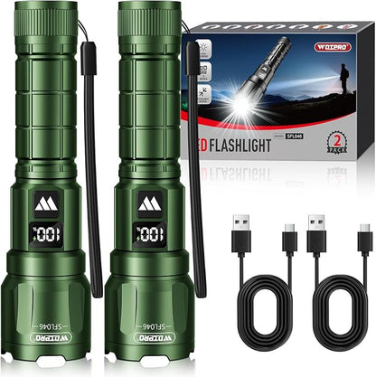 WdtPro LED Rechargeable Flashlight 2 Pack, 3 Modes Super Bright High Lumens Flashlights, Zoomable Tactical Flash Light with LCD Display, IP65 Waterproof Flashlights for Home Emergency Camping - Green