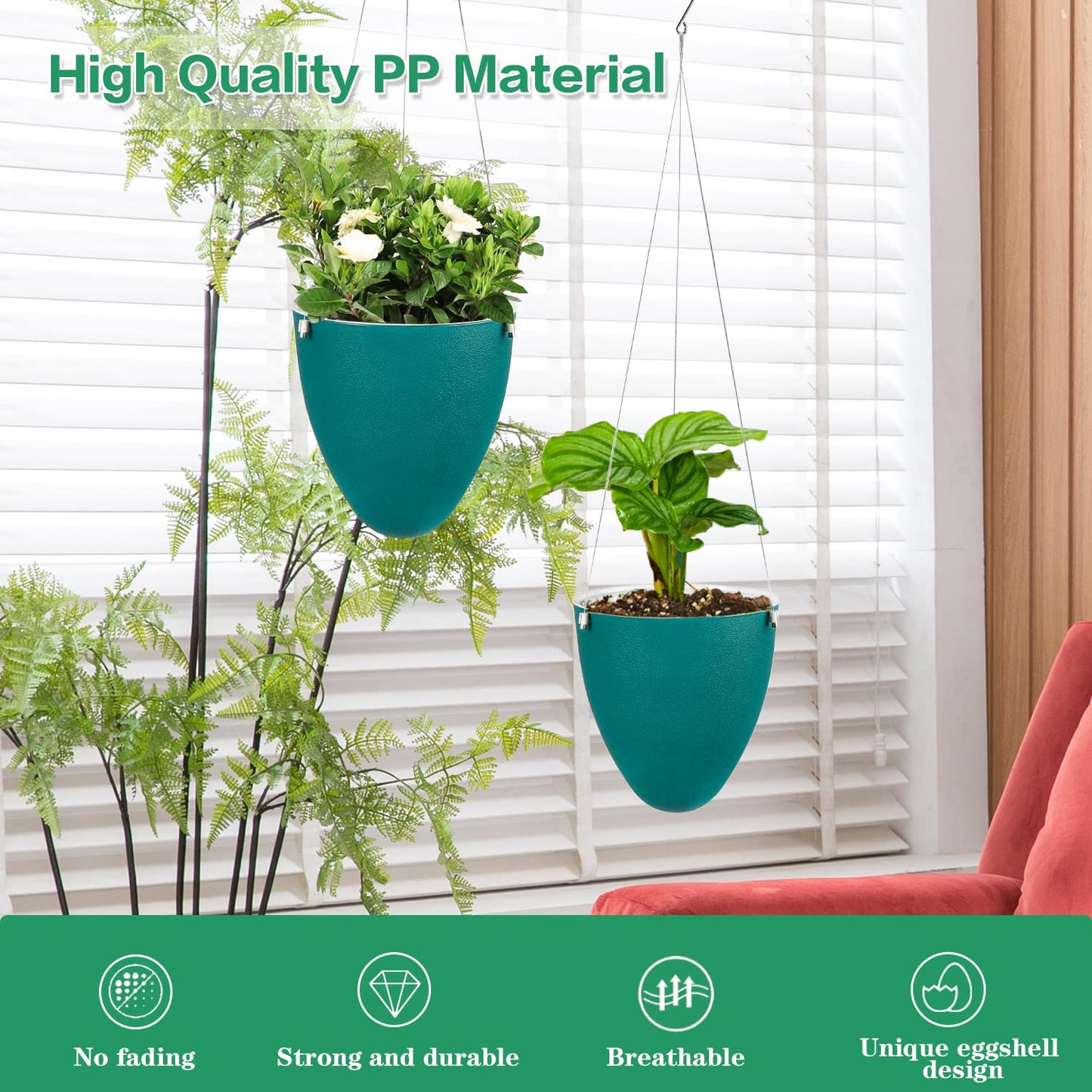 Sungmor Unique Eggshell Self Watering Hanging Planters, 3PC Modern Fashion Teal 7.2" Dia Large Waterself Hanging Pots for Plants, Indoor Outdoor Ceiling Hanging Baskets Flowerpot Wicking Planter Pots