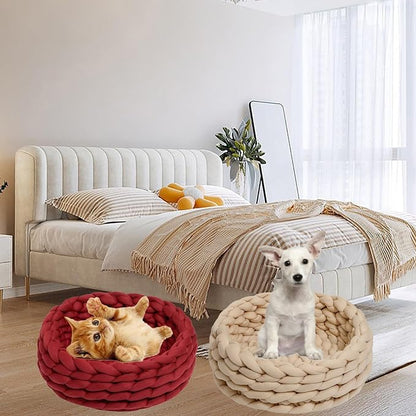 Woven Dog Bed Basket, Knitted Cotton Cat Bed Round Washable Woven Cat Pet Bed Chunky Dog Basket, Orthopedic, Chunky Knit Dog Nest,Dog Bed,Dog Cave,Dog Bedding(Red 1,17")