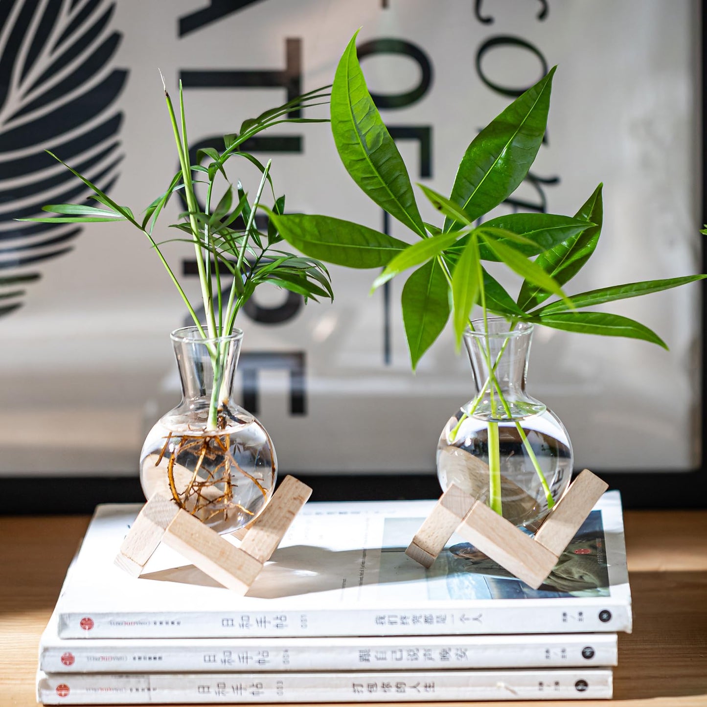 Plant Propagation Station, Desktop Flower Vases-Plant Terrarium with Wooden Stand, Tabletop Bulb Glass Vase for Living Room,Hydroponics Home Office Decoration Cu(4pcs)