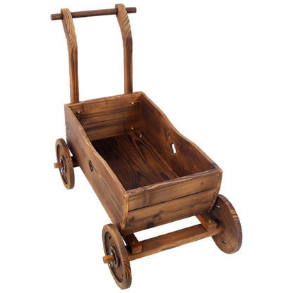 VRAXO Wooden Wagon Planter Box, Mobile Garden Planter with 4 Wheels, Handle, Drain Hole, Decorative Flower Planter for Indoor & Outdoor Decor, Wooden Flower Cart for Patio, Garden, Balcony, Brown