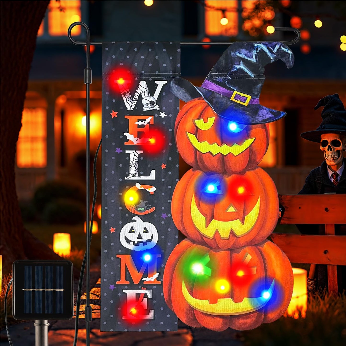 Vigor Home Halloween Lighted Garden Flag 12x18 Double Sided, Solar Outdoor Decor Yard Flags 8 Modes Led Jack-O-Lantern Welcome Halloween Pumpkins Decorations for Home Porch
