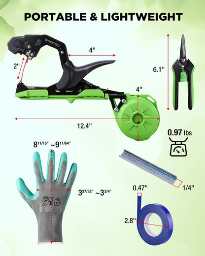 WORKPRO Plant Tying Machine with 6" Scissors, Lightweight Tape Gun for Tying Vines and Support Plant, Includes Gloves, 20 Rolls of Tape, 10000 Staples, Ideal for Tomatoes, Grapes, Cucumber, Vegetables